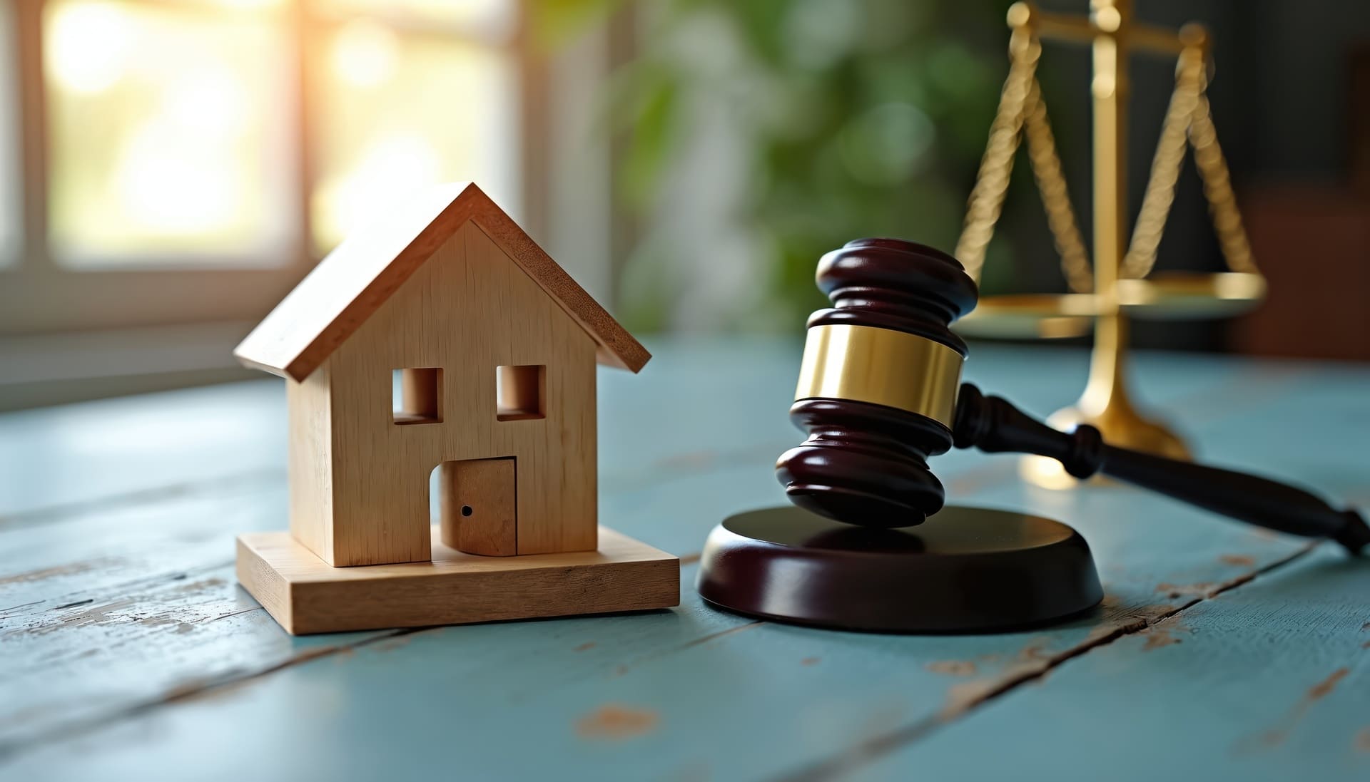 Anwaltshammer neben Modellhaus symbolisiert Klärung von Wohnrecht oder Rückmietungsoptionen