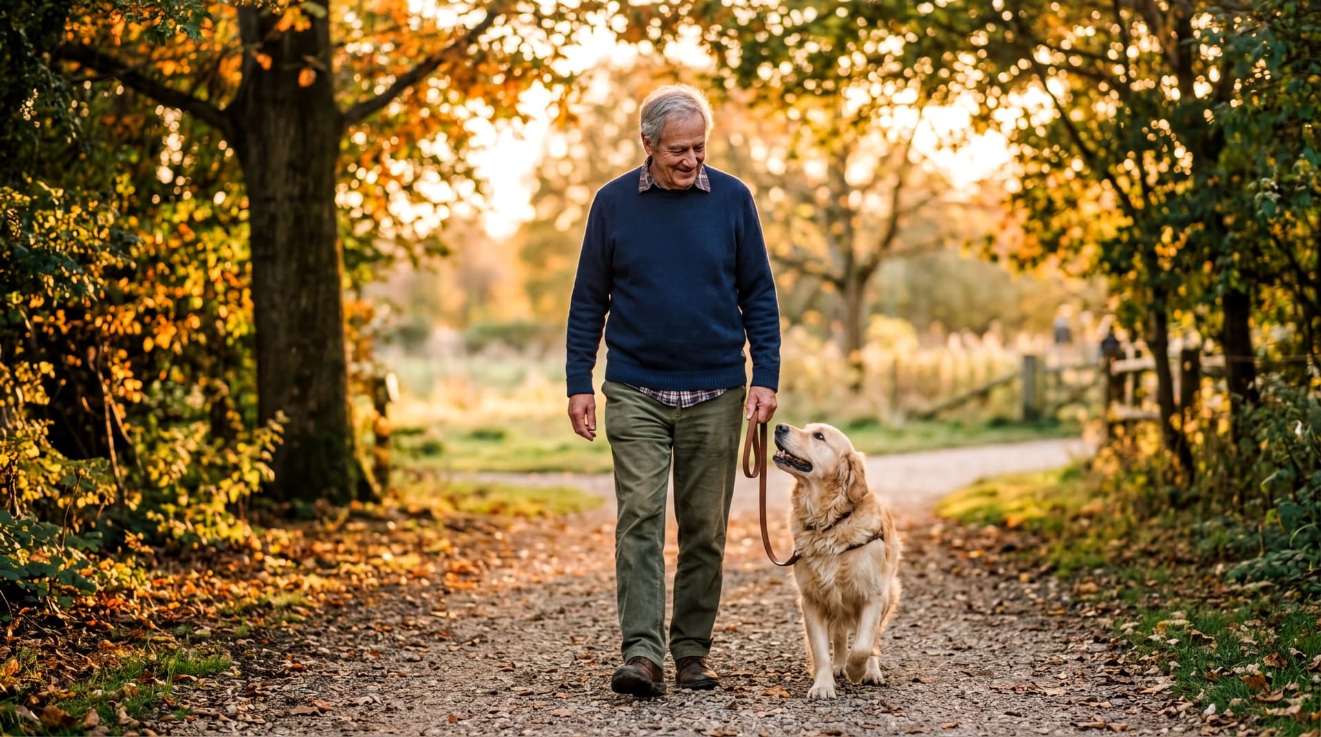 Senior geht mit Hund am Abend spazieren